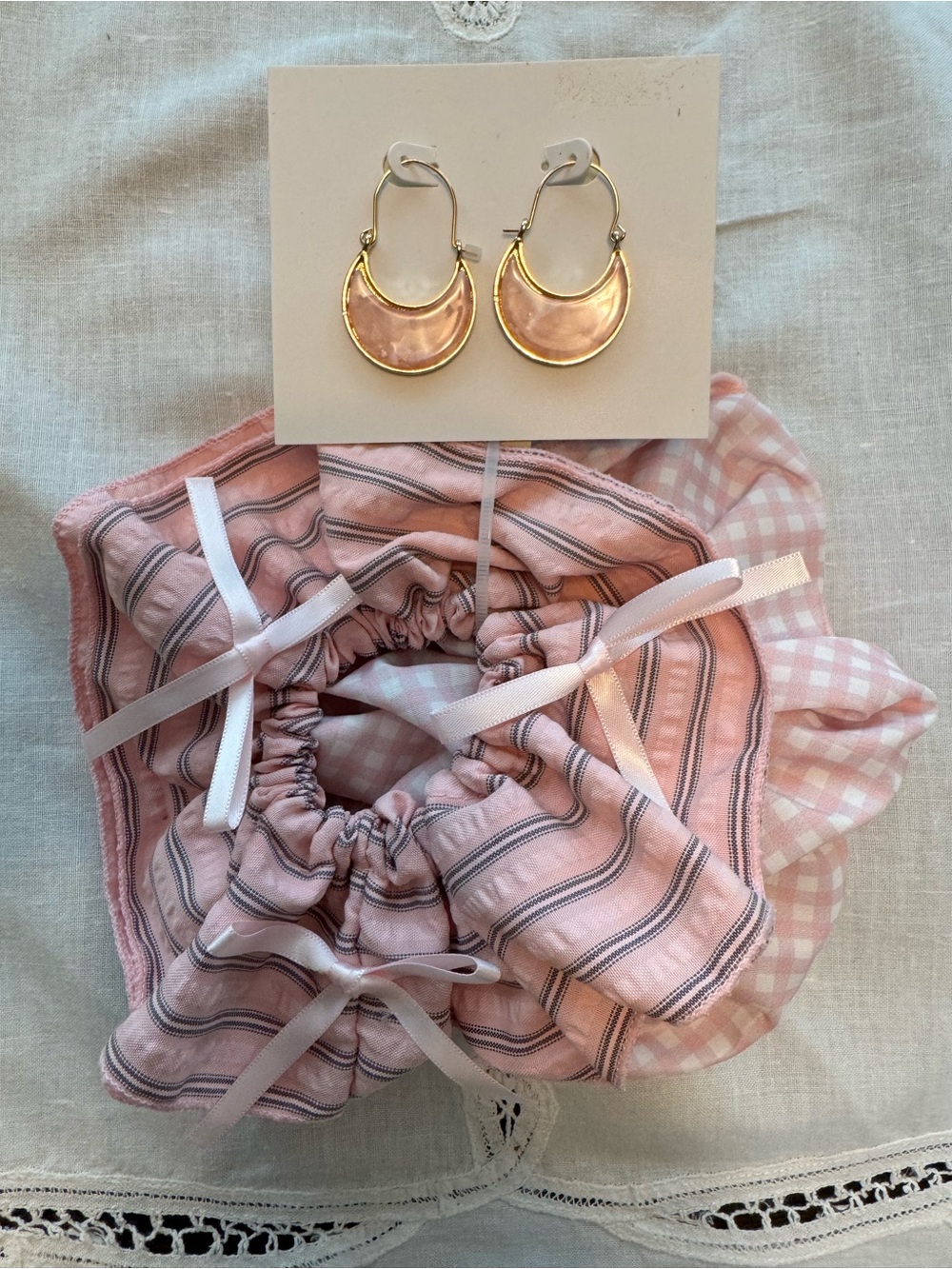 Pink Gingham & Pink Striped Scrunchie Duo  and gold tone pink crescent earrings